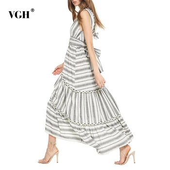 

VGH Summer Striped Hem Asymmetrical Dress Women V Neck Sleeveless Off Shoulder Bandage Bow Vintage Dresses Female Fashion New