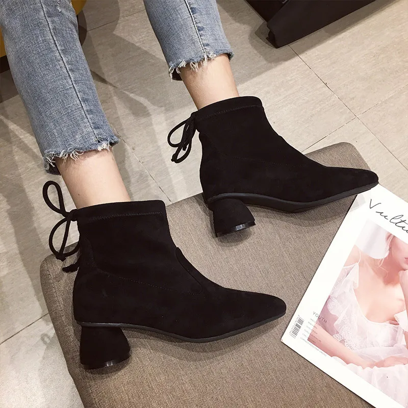 

2019 Autumn And Winter New Style Korean-style Pointed Toe Chunky Heel Short Boots Women's Tennis Red Thin Semi-high Heeled Marti