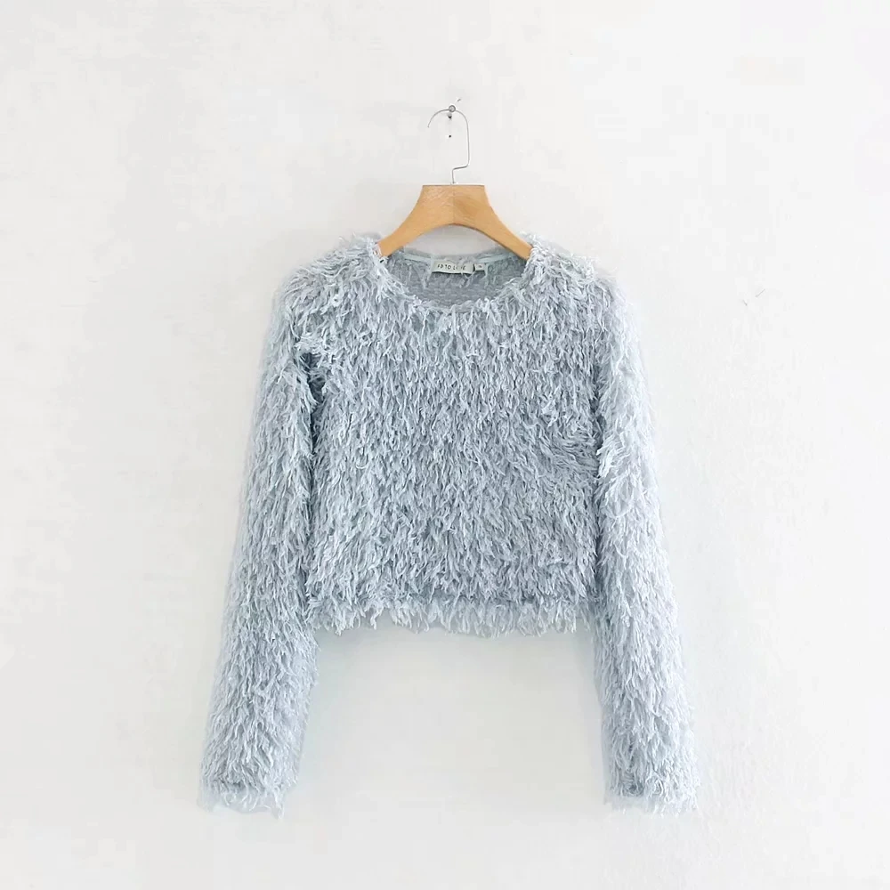 Английский уличный короткий зимний свитер из искусственного меха с круглым вырезом, женские свитера, женские свитера, женские пуловеры