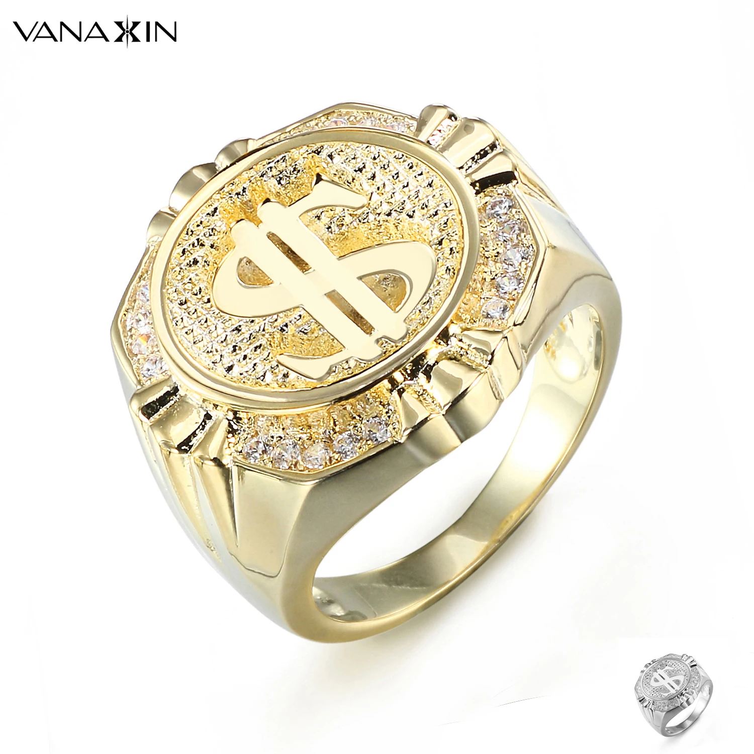 

VANAXIN Dollars Mark Rings For Men Hip Hop Jewelry Male Money US Punk Party Gift New Arrival Gold Color Wholesale