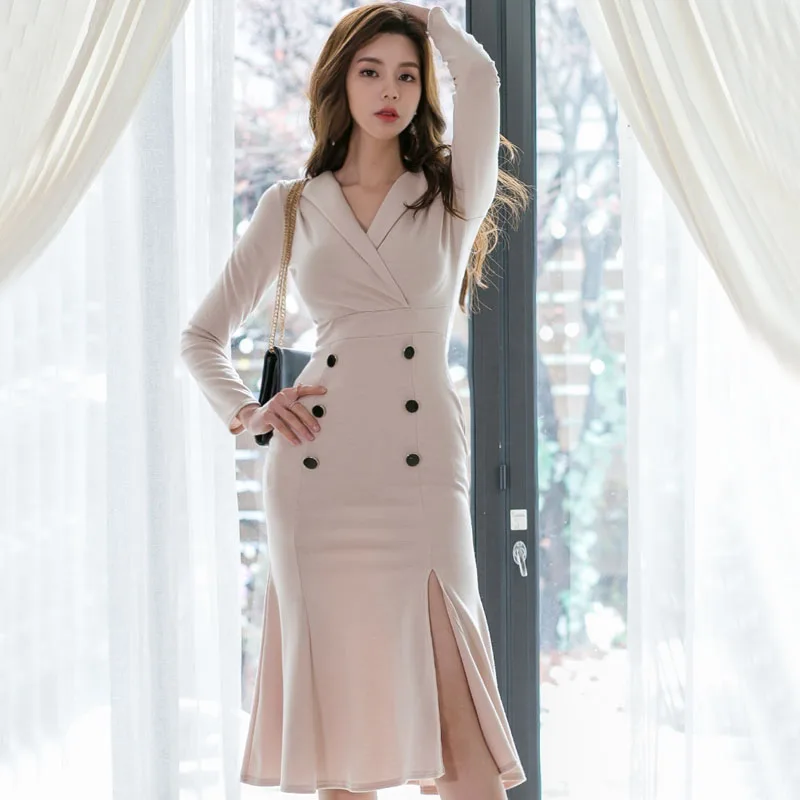 

Autumn Double Breasted Notched High Waist Office Dress Knee-Length Bodycon Beige Fishtail Sexy Vestidos