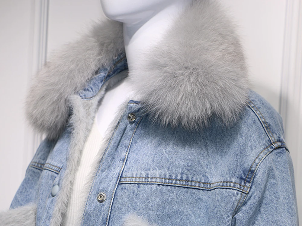 Зимнее пальто женская новая куртка Мане Карманный меховой воротник плюс бархатная теплая джинсовая куртка свободное короткое пальто женская верхняя одежда AN193
