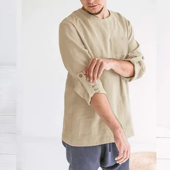 

2020 Men's Summer Baggy Beach Hawaiian Linen Shirts Solid Color Long Sleeve Round Neck Tee Loose Shirt Casual Beach Tops