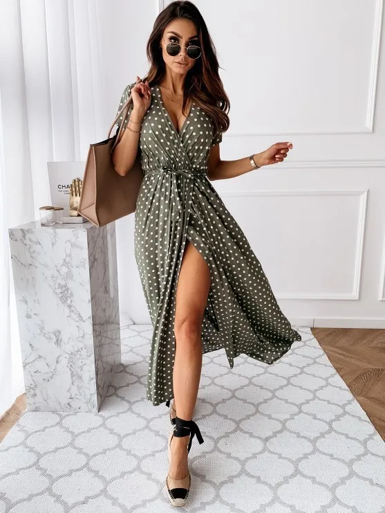 2022 Fashion Polka Dot Split Boho Dress V-Neck Women Casual Beach Vacation Long Dresses Vestido De Mujer maxi dresses