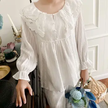 

2020 Autumn and Winter New Products Cotton Girl Palace Fairy Pajamas Set Lapel Loose Cotton Jacquard Homewear Pizama Damska