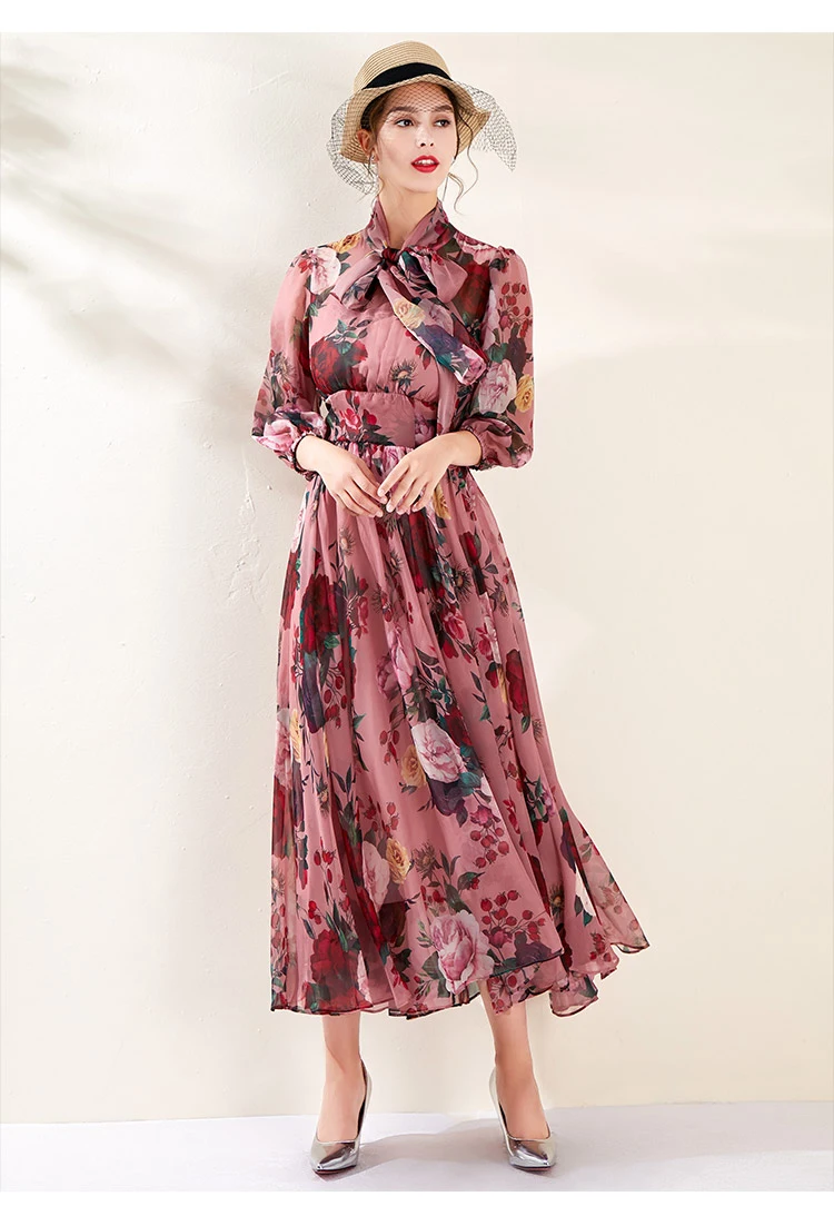 Delocah осенне-зимнее женское платье модный дизайнерский костюм плащ рукав простой бант цветочный принт А-силуэт тонкие женские платья
