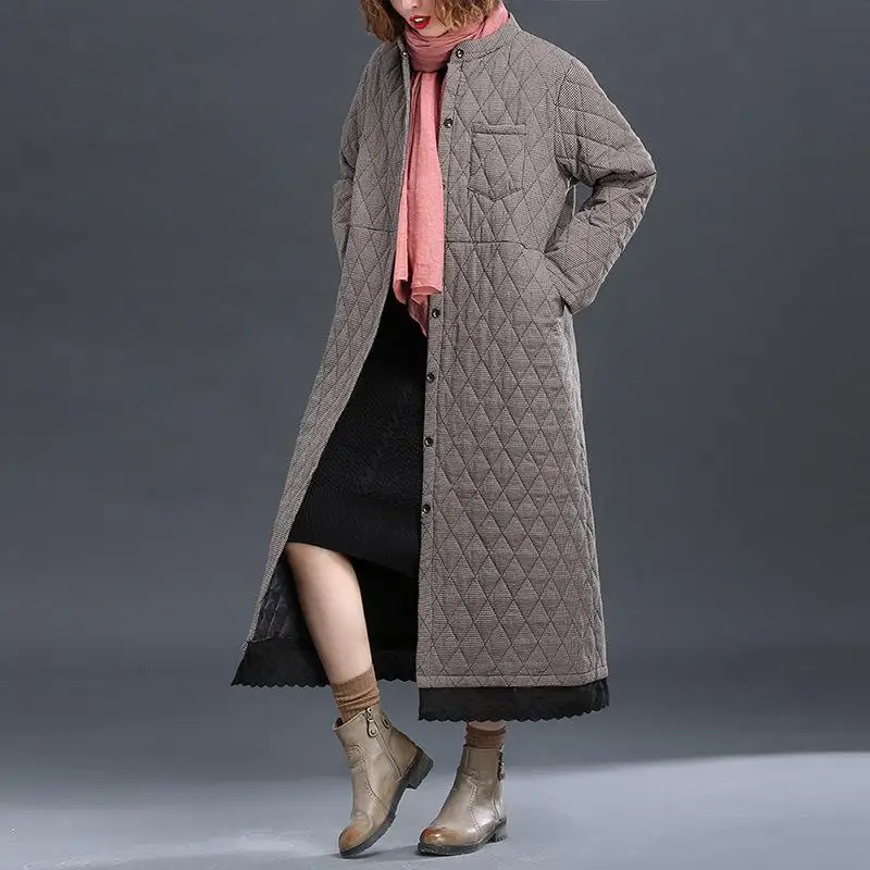 Новинка, осенне-зимнее утолщенное хлопковое пальто с карманами для отдыха в стиле ретро, новое свободное удобное женское длинное кружевное пальто с длинным рукавом - Цвет: coffee