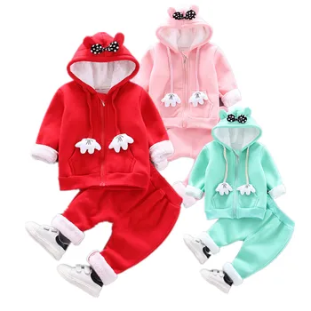 

Baby Girls Clothes Set Thick Plush Winter Boys Hoodies Jacket And Pants 2PCS warm Kids Suit Cartoon Christmas Children Clothing