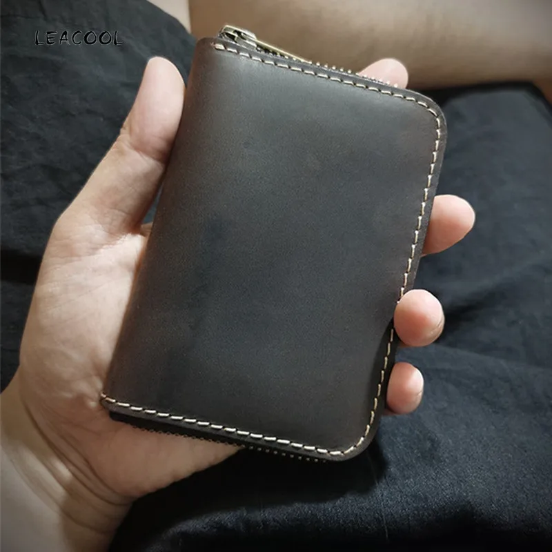 

Crazy Horse Leather Wallet For Men Cowhide Genuine Leather Short Small Slim Zipper Wallets Purse With Coin Pocket Card Holder