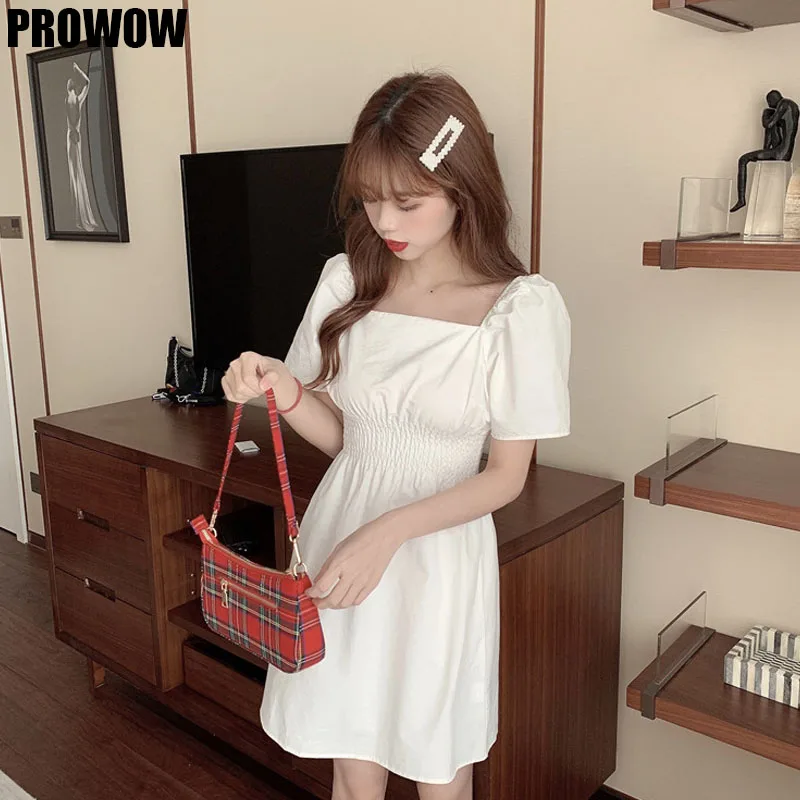 2020 Summer Ladies White Dress Korean Kawaii Elegant Beach Causal Sexy Square Collar Short Sleeve Dresses Women Vestidos