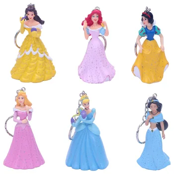

7.5cm 6pcs/lot princess keychain Keyring figure model toy cute Mermaid Snow White Cinderella Ariel Belle keychain Ring