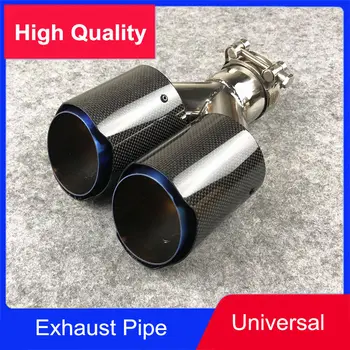 

One Piece Shiny Carbon Fiber Universal Y Style 2 Outlet Pipes Car Exhaust Tips Auto Blue Stainless Steel Exhaust Pipe