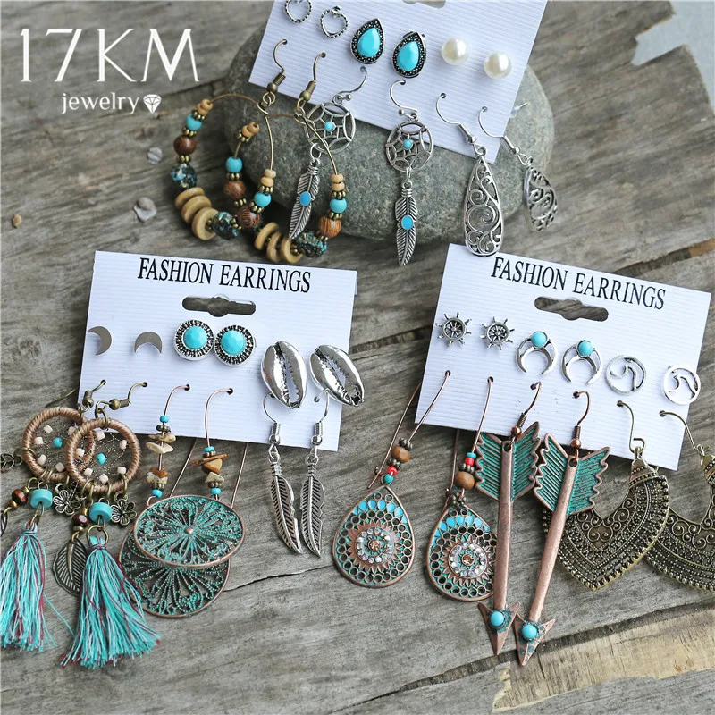 2020 New Ethnic Beads Drop Earrings Set For Women 6Pcs/Set Fearther Acrylic Metal Wood Dangle Earring Vintage Jewelry | Украшения и