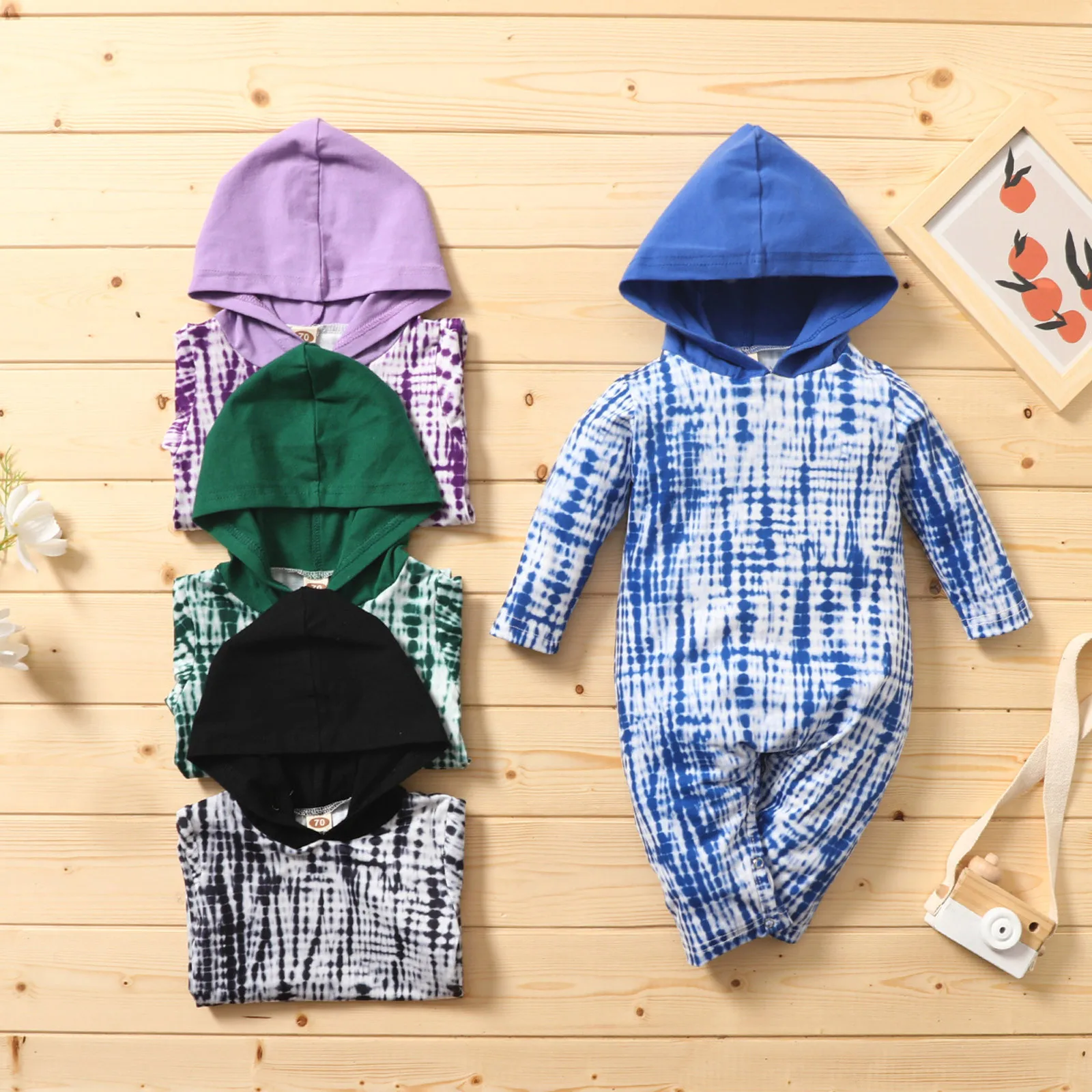 

0-12Months Boys girls baby autumn and winter long-sleeved hooded tie-dye printed romper trousers jumpsuit baby born clothes M4