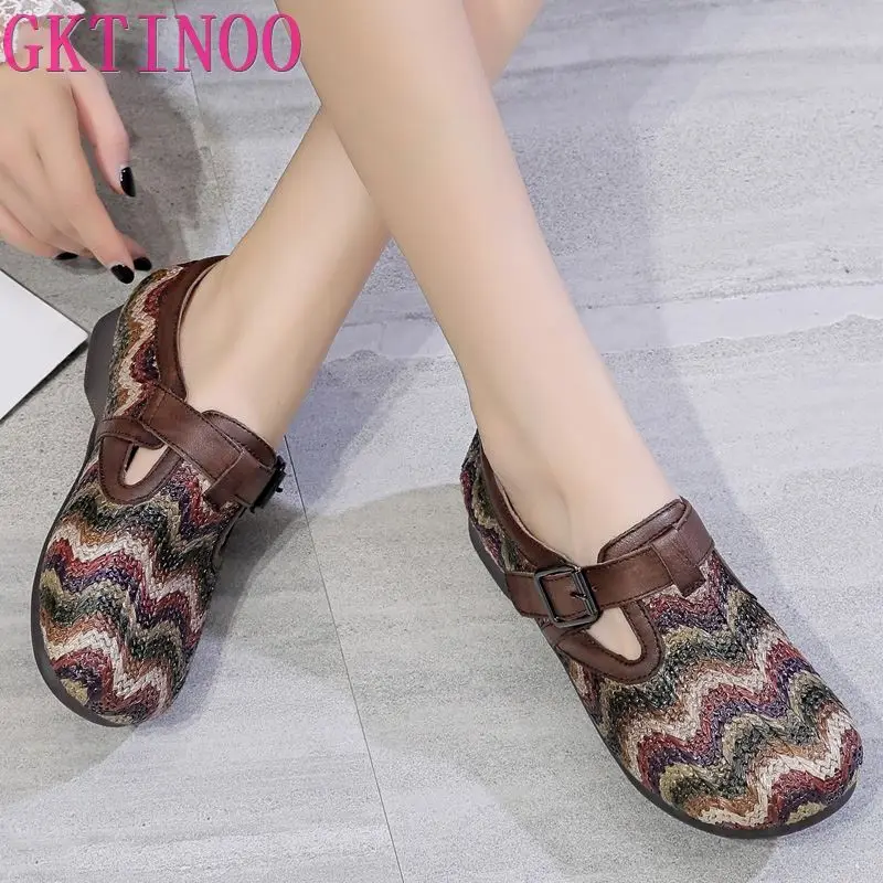 

GKTINOO 2020 Autumn New Vintage Handmade Shoes Loafers Genuine Leather Flat Shoes Women Casual Shoe Fashion colorful women shoes