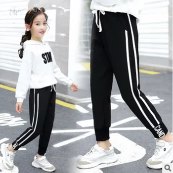 

Children's Sports Pant New 2020 Spring and Autumn Girls Patchowrk Letter Black Color Sports Side Striped Trousers Size4-14 ly266