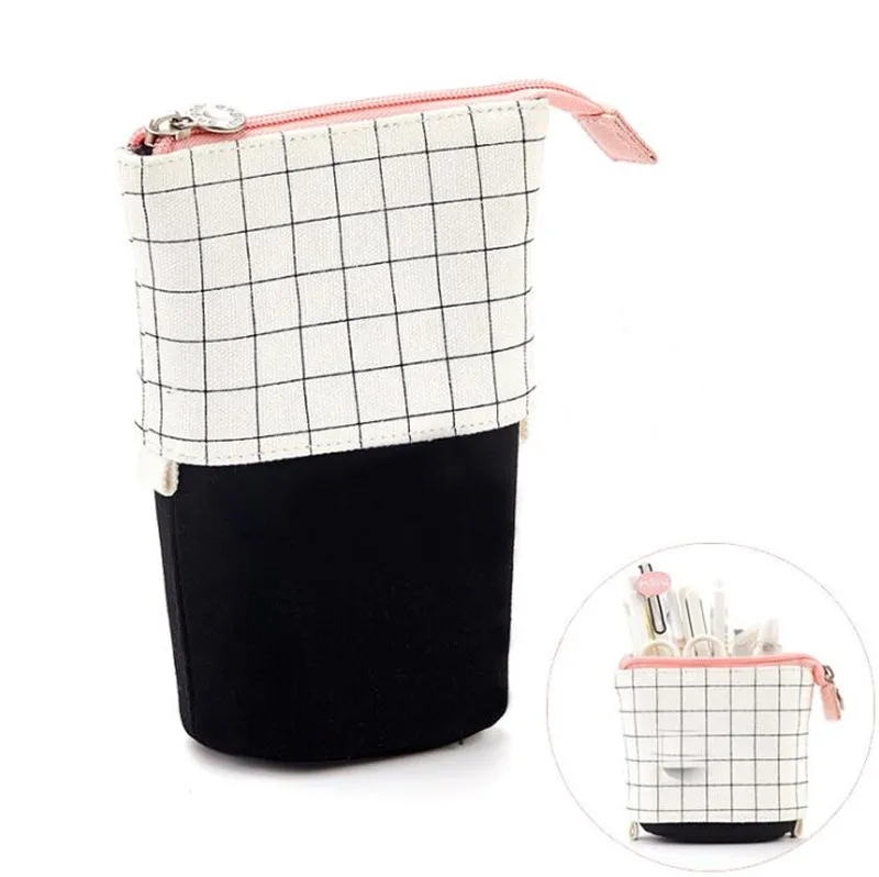 pink grid Корейская Милая Канцелярия многофункциональная выдвижная ручка держатель кошка животное холст кавайный чехол для карандаша пенал для девочек Дети - Цвет: pink grid