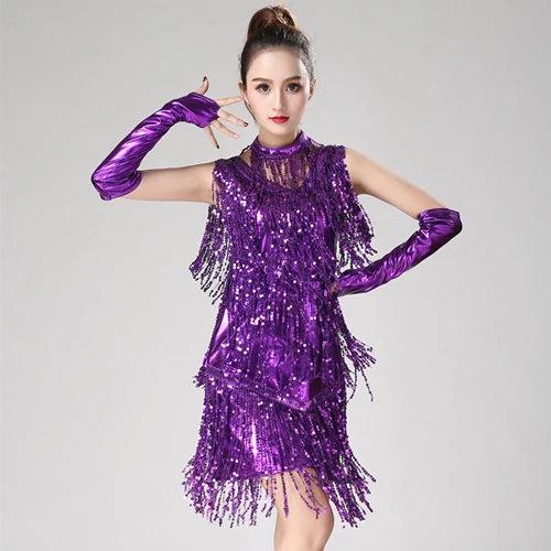 purple Производительность Женская Одежда для танцев костюм для сальсы комплект из 3 предметов с necklace ем танцевальный зал состязание латинские платья с блестками для девочек - Цвет: purple