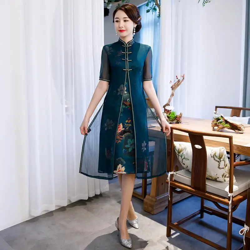 Зеленое женское Сетчатое Qipao Vestidso вечернее платье китайское Винтажное с коротким рукавом Cheongsam с цветочным принтом мандарин элегантные платья - Цвет: Зеленый