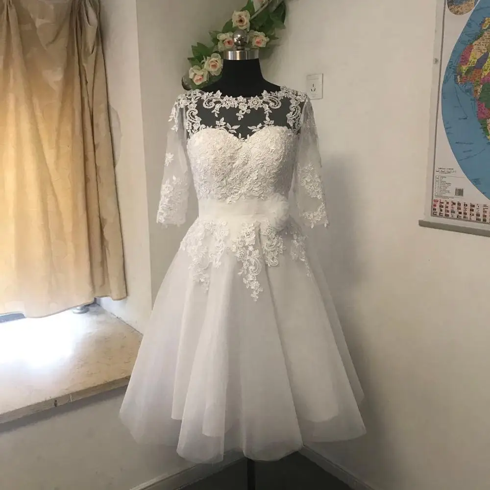 Customized Vestido De Noiva Curt A Line Lace Short Wedding Dress main image 1