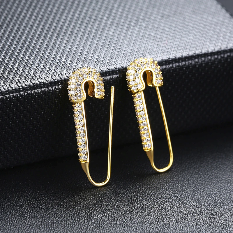 Vnox Temperament Safety Pin Earrings for Women,Luxury Full CZ Stones Stud Earring Chic Street Wear Brincos