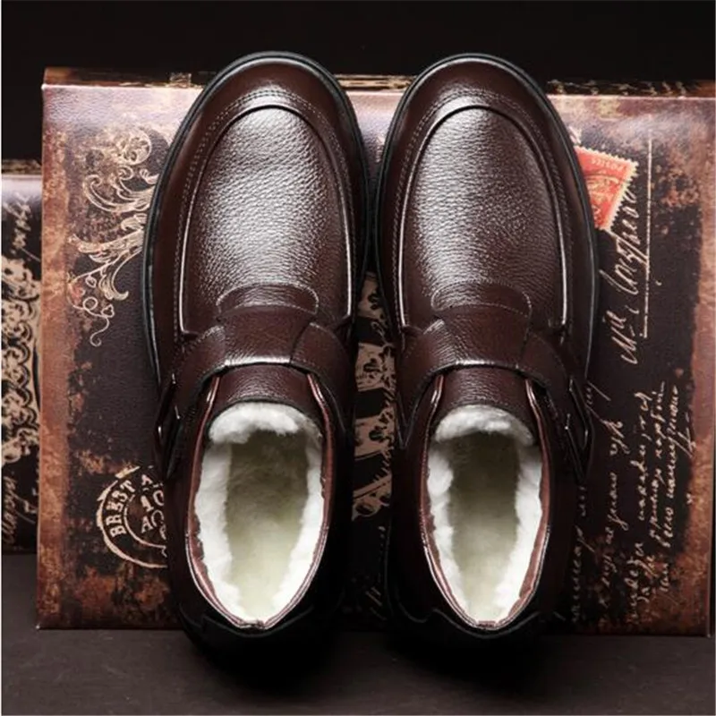 Winter Warm Plush Fur Snow Boots Men Genuine Leather Ankle Boot Quality Business Dress Boots Waterproof Men's Wedding Booties