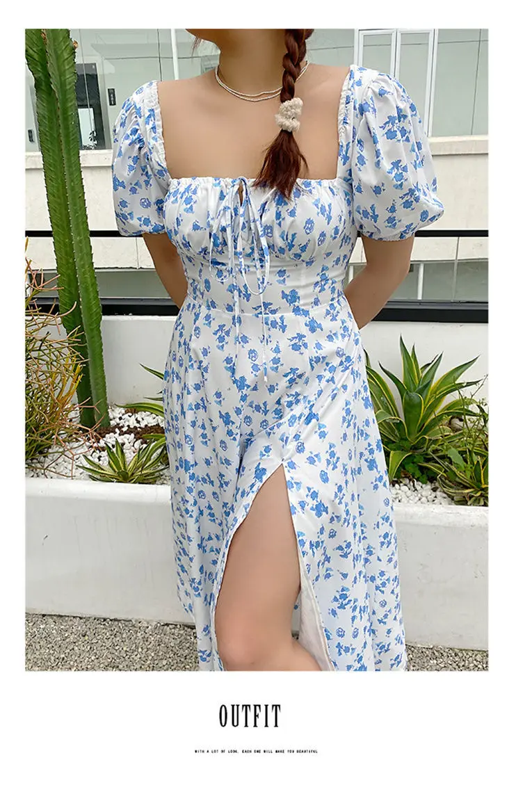 HOUZHOU Vintage Plus Size Floral Dress Women 4XL Elegant Square Collar Split A-line Midi Dress Summer Korean Fashion Streetwear