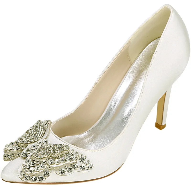 Pointed Toe Women Pumps Wedding Party Thin Heel Shoes Flock 9.5CM Thin High heels Slip On Rhinestones Butterfly-knot Bling