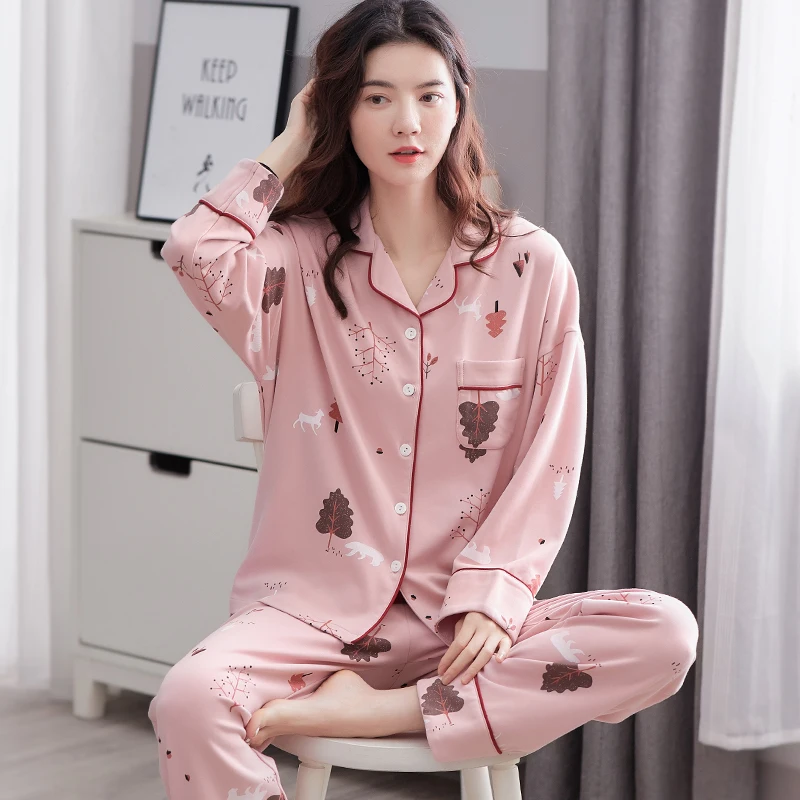 

Cotton Spring Nighty Women Sleepwear Plus Size 3XL Lapel Loose Version Pajama set Intensification Pyjamas Fall Nightgown