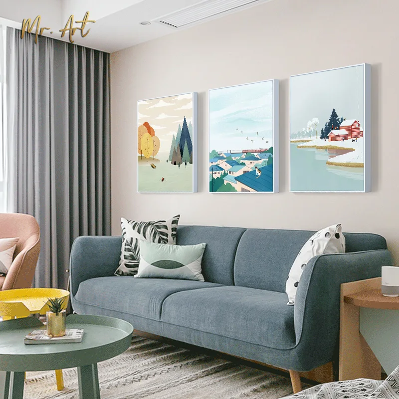 

Modern Seasons Canvas Painting Cartoon Landscape Poster n Print Wall Art Pictures for Living Room Dining Room Nordic Home Decor