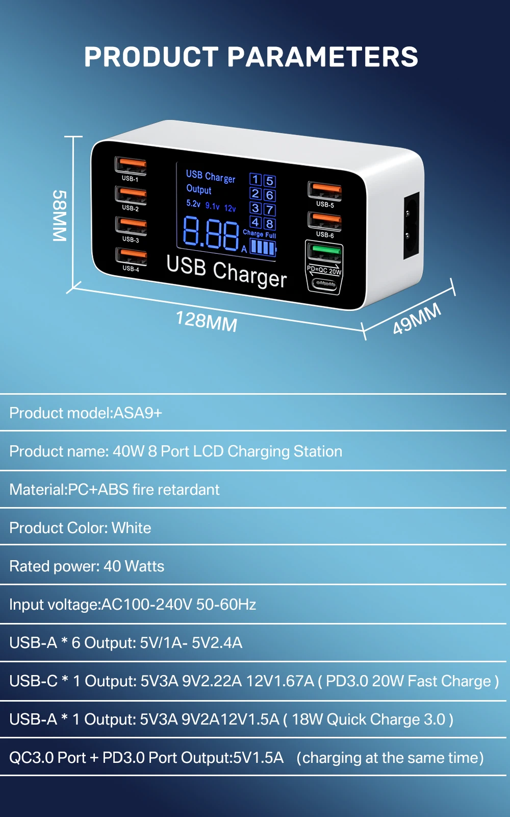 Rápido, Carregamento Rápido, Tipo C, Display Digital LCD, 8 Portas, QC3.0