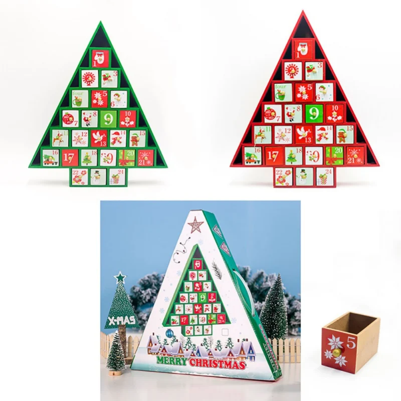 

Christmas Gift Ornament Toy Table Wooden Decor Calendar 24 Drawers Countdown Tree Shape Storage Box