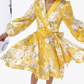 

high quality women summer fall floral printed cotton linen belt Dresses Elegant Designer v-neck lantern sleeve mini Dress S194
