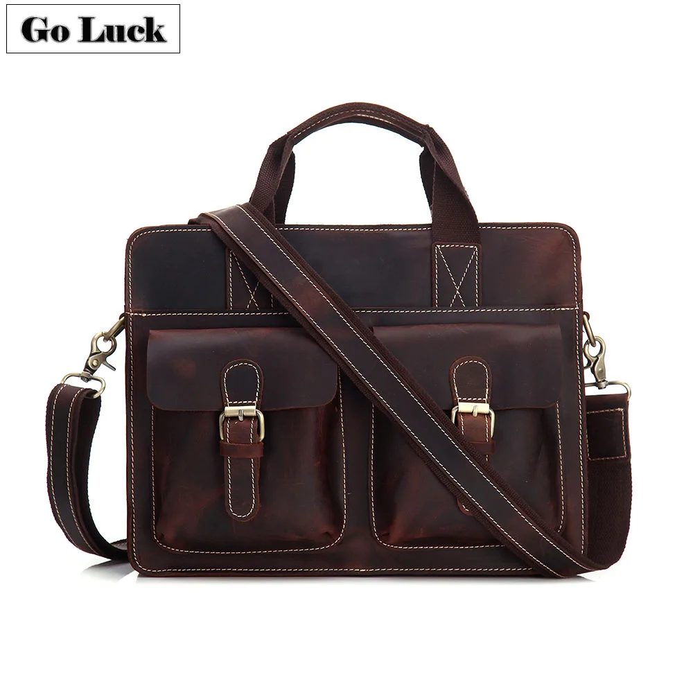 

GO-LUCK Brand Crazy Horse Genuine Leather Top-handle Handbag 14' Briefcase Men Crossbody Shoulder Bag Men's Messenger Bags