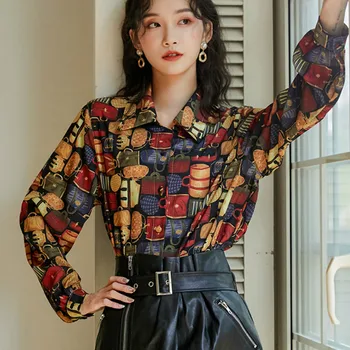 

Vintage print bags women's shirts Spring women's clothing femme long sleeve print tops lady bags blouses
