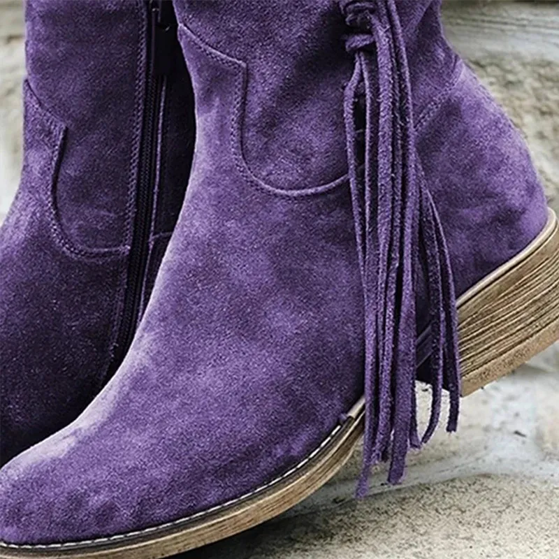 

New Autumn Woman's Zipper Ankle Boots Woman Flock Square Low Heel Famale Sewing Fashion Boots Women Solid Fringe Shoes Plus Size