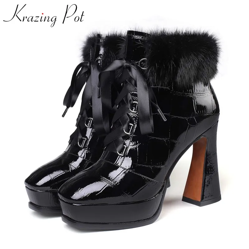 

krazing pot new noble fur print leather super high heels boots square toe thick bottom lace up winter women warm ankle boots L18