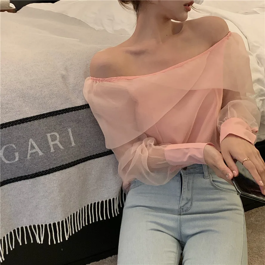 

Spring and Autumn Women's Thin Neckline Fairy Temperament Elastic Long Sleeve Shirt