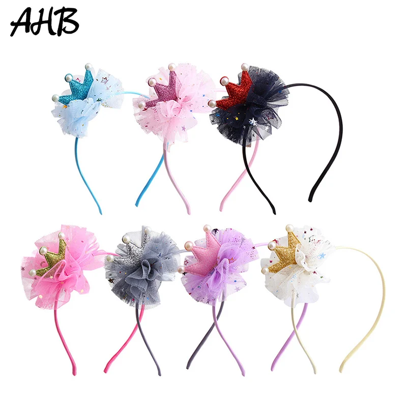 

AHB Hair Accessories For Girls Kids Lace Princess Pearl Crown Sequin Headband Cute Pink Mesh Yarn Rhinestone Shining Hair Hoop