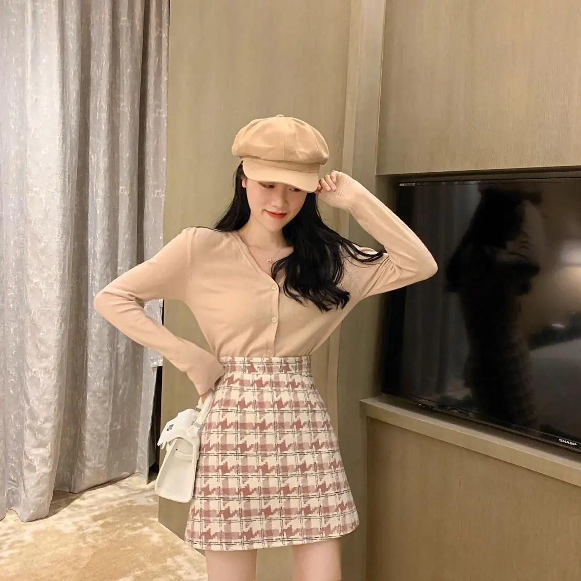 Houndstooth Plaid Skirts Women Vintage Autumn Short Wool Skirts Mini Korean Zipper Pencil Skirts Sexy Zipper High Waist W099