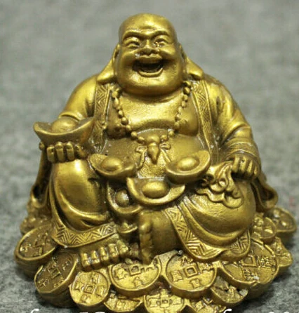 free shipping beautiful Chinese Brass Buddhism Wealth Coin YuanBao Happy Laughing Maitreya Buddha Statue | Дом и сад