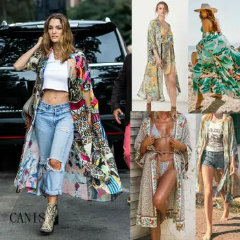 

2019 Fashion Women Beach Flower Print Bandage Kimono Blouse Coat Boho Beachwear Bikini Cover Up Sexy Long Cardigans Tops Clothes
