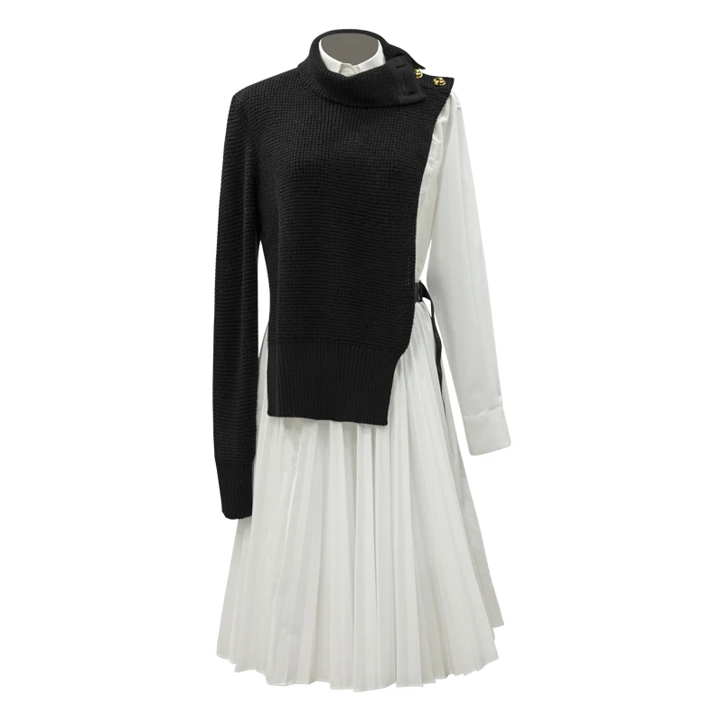[EWQ] Новая Модель осень водолазка воротник длинный рукав черный белый поддельные две части Повседневное платье женская мода волна AH80501