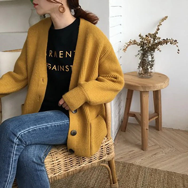 

2019 Women Knitted Cardigans Sweater V neck Solid Loose Knitwear Single Breasted Casual Knit Cardigan Outwear Winter Jacket Coat