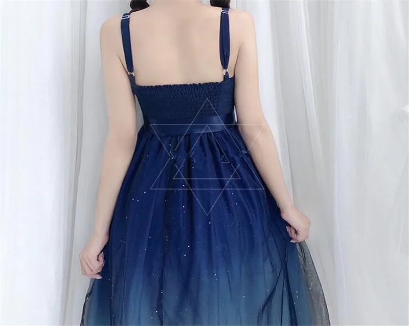 Shinning Stars Lolita Dress Gradient JSK Star Blue Girls Solid Fancy Dress Lace Ruched Pleated and Shirt Set B289