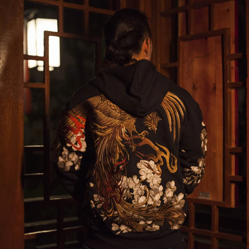 Fashion High Quality Heavy Work Coats Street Streetwear Yokosuka Phoenix Sakura Ukiyoe Embroidery Baseball Jacket Tops L6 2