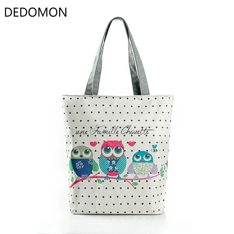 Floral And Owl Printed Canvas Tote Casual Beach Bags Large Capacity Women Daily Use Canvas Handbags