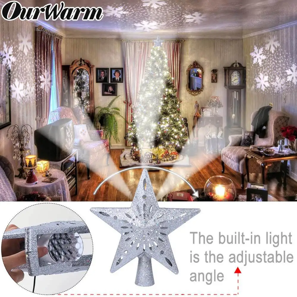 OurWarmStarChristmasTreeTopperLEDStarTopSnowflakeProjector