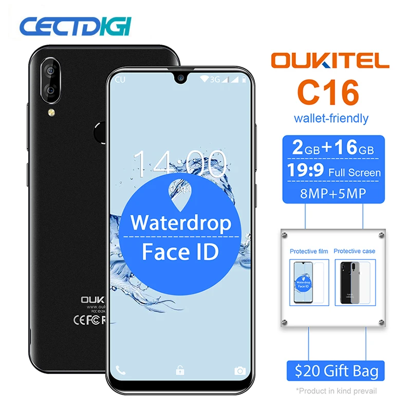 Смартфон OUKITEL C16 5,71 ''19:9 2GB 16GB Android 9,0 MT6580P экран капли воды 5 V/1A 2600mAh отпечаток пальца лица ID мобильный телефон