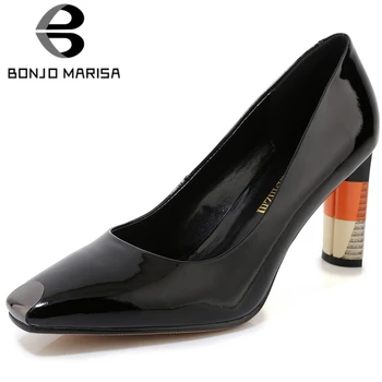 

BONJOMARISA Fashion Female Pumps Square Toe High Heels Shallow Spring Pumps Women Candy Color Spring Dress Shoes Woman